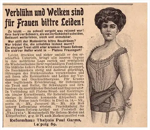 original Werbung - 1907 - Reformhaus Thalysia , Paul Garms in Leipzig , Mode , Korsett , corset !!!