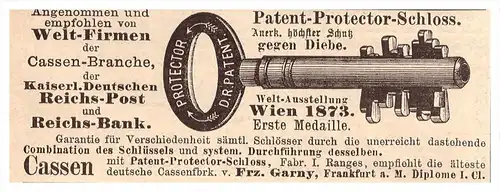 original Werbung - 1888 - Patent-Protector-Schloss , F. Garny in Frankfurt a.M., Schlüssel , Schlüsseldienst !!!