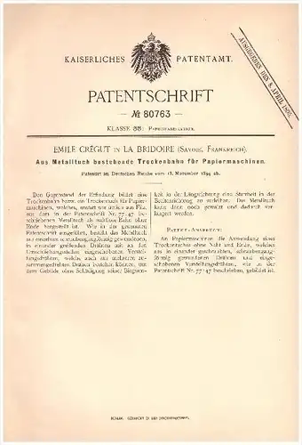 Original Patentschrift - Emile Crégut dans La Bridoire , Savoie , 1894 , Nappe sèche pour machines à papier !!!