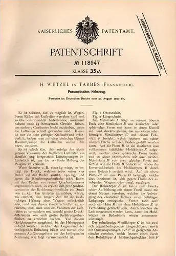 Original Patentschrift - H. Wetzel in Tarbes , 1900 , Pneumatisches Hebezeug !!!