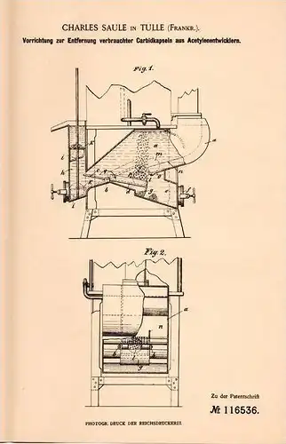 Original Patent - Charles Saule à Tulle ,  Correze , 1899 ,  Carbure de capsules acétylene !!!