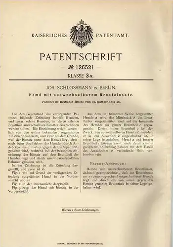 Original Patentschrift - Jos. Schlossmann in Berlin ,1899 , Hemd mit Brusteinsatz , BH !!!