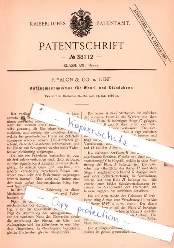 Original Patent  - F. Valon & Co. in Genf , 1886 , Uhren !!!