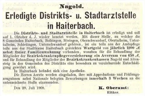 original Werbung - 1908 - Stadtarztstelle in Haiterbach , Dr. Ritter , Arzt , Kur , Krankenhaus , Apotheke !!!