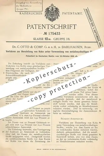 original Patent - Dr. C. Otto & Comp. GmbH , Dahlhausen / Ruhr , 1904 , Herst. von Koks mit metalloxydhaltigen Stoffen !