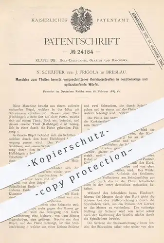 original Patent - N. Schäffer , J. Frigola , Breslau , 1883 , Teilen von Korkholz in Würfel | Kork , Holz , Tischler !!!