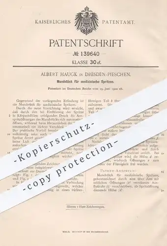 original Patent - Albert Haugk , Dresden / Pieschen , 1902 , Mundstück für medizin. Spritzen | Medizin , Arzt , Spritze