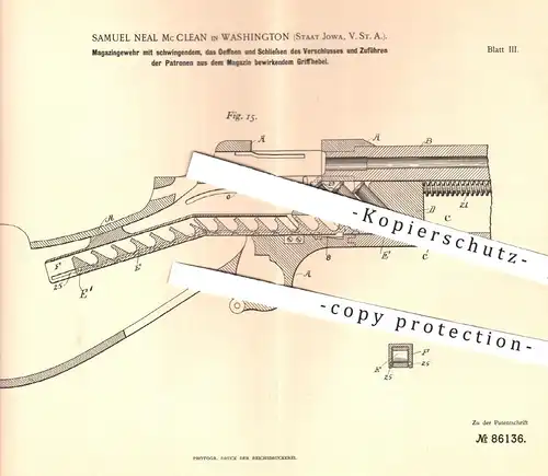 original Patent - Samuel Neal Mc Clean , Washington , Iowa , USA , 1894 , Magazingewehr | Gewehr , Waffen , Militär !!