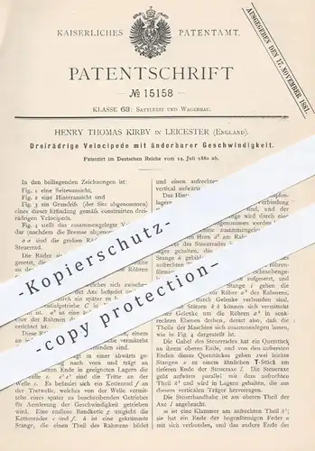original Patent - Henry Thomas Kirby , Leicester , England , 1880 , Dreirädriges Velociped | Velocipede , Fahrrad , Rad