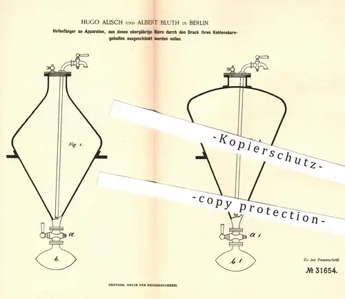 original Patent - Hugo Alisch , Albert Bluth , Berlin , 1884 , Hefenfänger zum Ausschank von Bier | Zapfhahn , Biere !!!