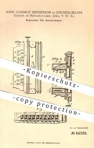 original Patent - John Tandrup Henderson , Council Bluffs , Pottawattamie , Jowa USA , 1890 , Klaviatur für Akkordeon