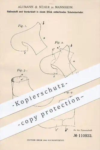 original Patent - Altmann & Neher , Mannheim 1898 , Halbschaft & Vorderblatt in einem Schuhoberleder , Schuster , Schuhe