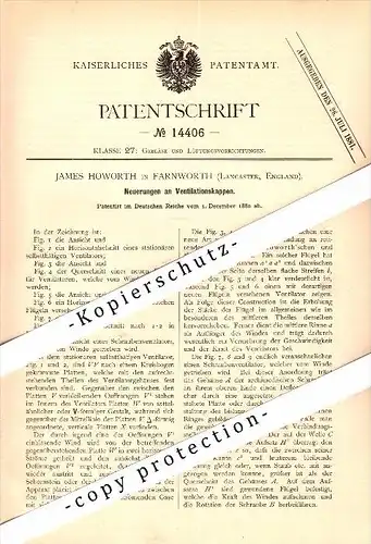 Original Patent - James Howorth in Farnworth , Lancaster , 1880 , Fan for ventilation !!!