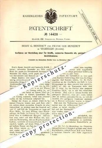 Original Patent - Bessy G. Benedict in Viareggio , Italia , 1880 , Vernice per navi , costruzione navale !!!