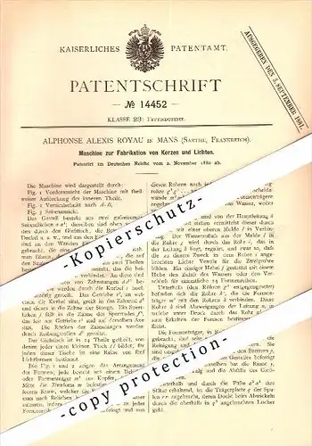 Original Patent - Alphonse A. Royau à Le Mans , Sarthe , 1880 , Machine pour la fabrication de bougies !!!