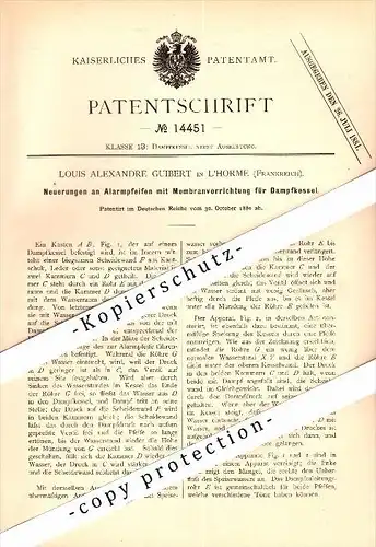 Original Patent - Louis A. Guibert à L'Horme , 1880 , Coup de sifflet d'alarme pour les chaudières à vapeur !!!