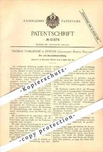 Original Patent - Thomas Tomlinson in Synton , Surrey , 1891 , Switching apparatus for Electrical !!!