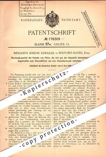 Original Patent -Benjamin J. Edwards in Wistowe-Hayes , England ,1905, Interchangeable cassette for photo films , London