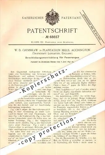 Original Patent - W.D. Grimshaw in Plantation Mills , Accrington , 1892 , Furnace for steam boilers !!!