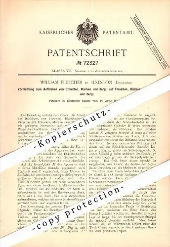 Original Patent - W. Fletcher in Ilkeston , England , 1893 , Apparatus for sticking labels and brands on bottles !!!