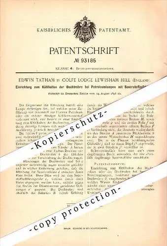 Original Patent - Edwin Tatham in Cofle Lodge Lewisham Hill , 1896 , Cooling for oil lamps !!!