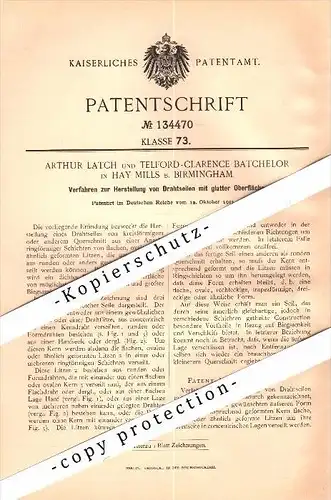 Original Patent - A. Latch and T. Batchelor in Hay Mills b. Birmingham , 1901 , Manufacture of wire ropes , Small Heath