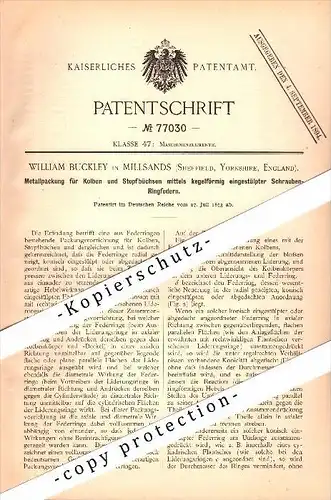 Original Patent - William Buckley in Millsands / Sheffield , 1893 , Metal packing for piston !!!