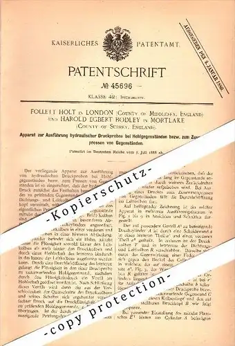 Original Patent - Harold Bodley in Mortlake , 1888 , Apparatus for hydraulic pressure tests , F. Holt in London !!!