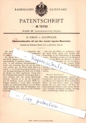 Original Patent -  H. Simon in Arnswalde / Choszczno , 1893 , Rübenschneidemaschine mit Messerwellen !!!