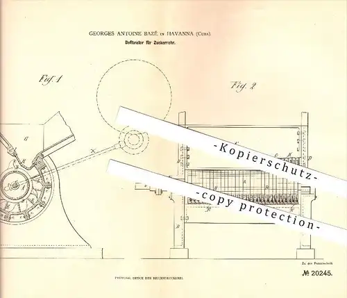 original Patent - Georges Antoine Bazé in Havanna , Cuba , 1882 , Defibrator für Zuckerrohr !!!