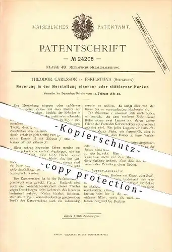 original Patent - Theodor Carlsson in Eskilstuna , Schweden , 1883 , Neuerung in der Herstellung von Harken !!!