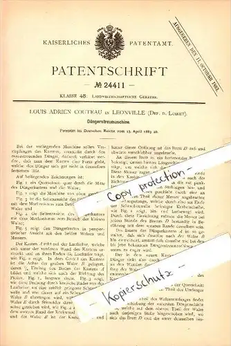 Original Patent - L.A. Couteau à Leonville , Loiret , 1883 , Épandeur d'engrais !!!