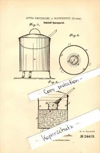 Original Patent - Otto Fritzsche in Schweinitz b. Jessen / Elster , 1883 , Klebstoff-Sparapparat !!!