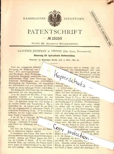 Original Patent - Claudius Jouffray à Vienne , Isere , 1883 , Contrôle pour riveurs hydrauliques !!!