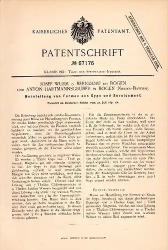 Original Patentschrift - J. Wurm und A. Hartmannsgruber in Bogen b. Straubing , 1891 , Formen aus Gips und Sorelcement