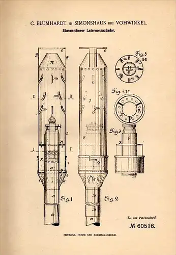 Original Patentschrift - C. Blumhardt in Simonshaus b. Vohwinkel / Wuppertal , 1891 , sturmsicherer Anzünder für Laterne