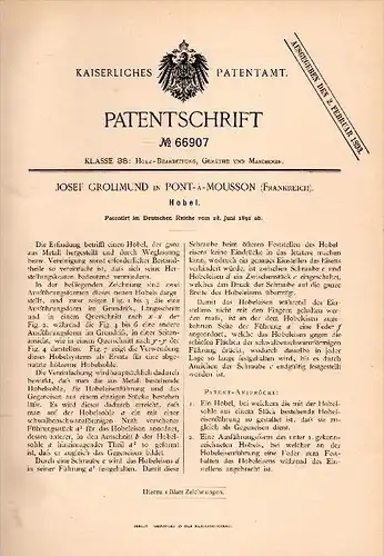 Original Patentschrift - J. Grolimund dans Pont a Mousson , 1892 , Planer pour le bois, la menuiserie !!!
