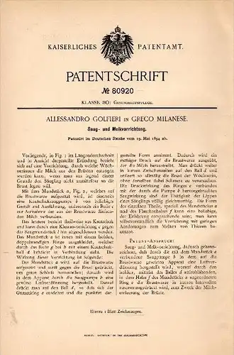 Original Patentschrift -A. Golfieri in Greco Milanese , 1894, Macchina aspiratore per il seno, il latte materno , Milano