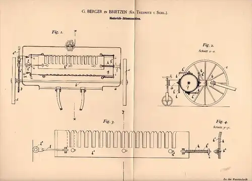 Original Patentschrift -G. Berger in Brietzen / Brzyków , Kr. Trebnitz i. Schlesien , 1894 , Jätemaschine , Trzebnica !!