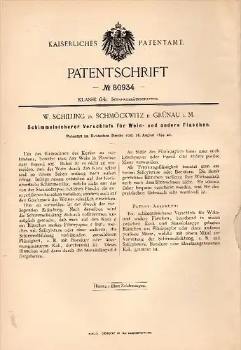 Original Patentschrift -W. Schilling in Schmöckwitz b. Grünau i.M.,1894 ,Verschluß gegen Schimmel für Wein , Weinflasche