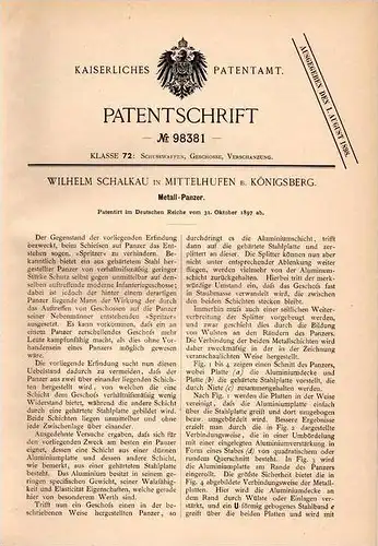 Original Patentschrift -W. Schalkau in Mittelhufen b. Königsberg ,1897, Panzerschreck , Geschoss gegen Panzer , Munition