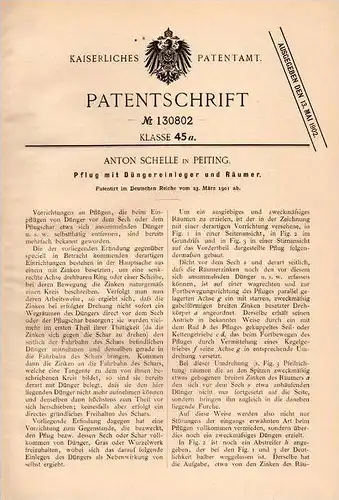 Original Patentschrift -Anton Schelle in Peiting b. Weilheim ,1901, Pflug mit Düngereinleger , Landwirtschaft , Schongau