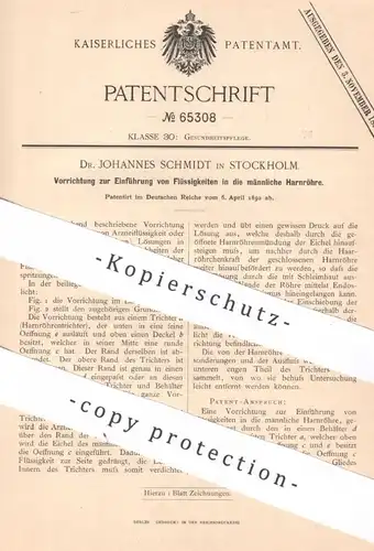 original Patent - Dr. Johannes Schmidt , Stockholm , Schweden | 1892 | Einführung von Arznei in die Harnröhre | Medizin