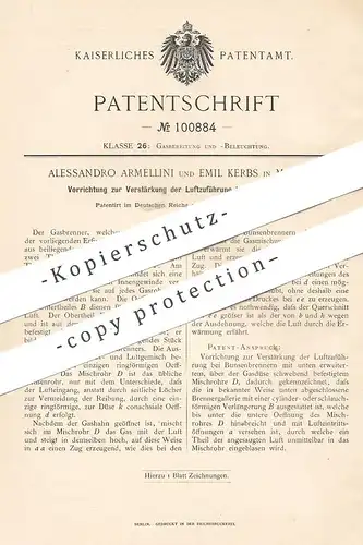 original Patent - Alessandro Armellini , Emil Kerbs , Mailand , Italien 1897 , Luftzuführung bei Bunsenbrenner | Brenner