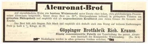 original Werbung - 1892 - Brotfabrik in Göppingen , R. Krauss , Bäckerei , Bäcker , Arzt , Apotheke !!!