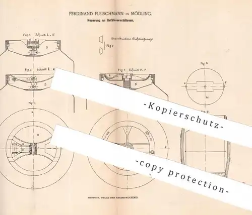 original Patent - Ferdinand Fleischmann , Mödling , 1885 , Gefäßverschluss | Gefäß - Verschluss | Deckel , Milchkanne