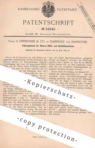 original Patent - S. Oppenheim & Co. , Hainholz / Hannover | 1885 | Führungslineal für Schleifmaschine | Lineal , Metall