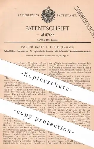 original Patent - Walter James , Leeds , England | 1894 | Umsteuerung f. Hydraulik - Presse mit Differential Akkumulator