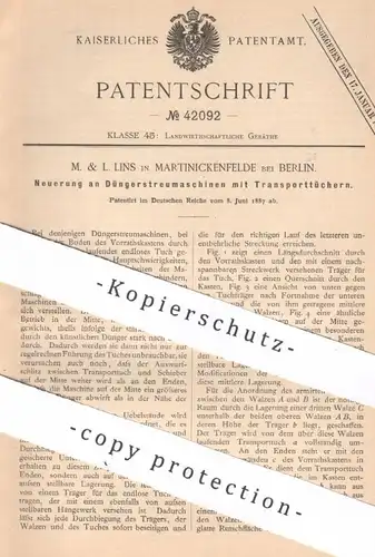 original Patent - M. & L. Lins , Martinickenfelde / Berlin , 1887 , Düngerstreumaschine | Dünger Streumaschine | Düngen