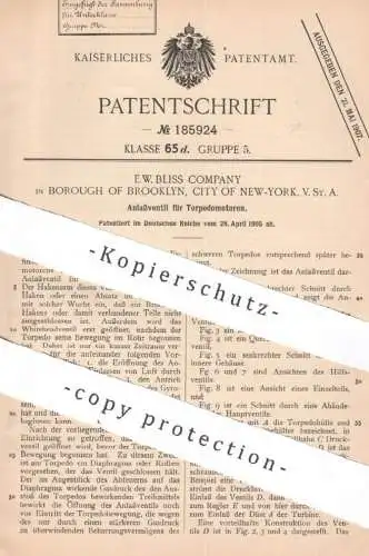 original Patent - E. W. Bliss Company , Borough of Brooklyn , New York , USA , 1905 , Anlassventil für Torpedo - Motor !